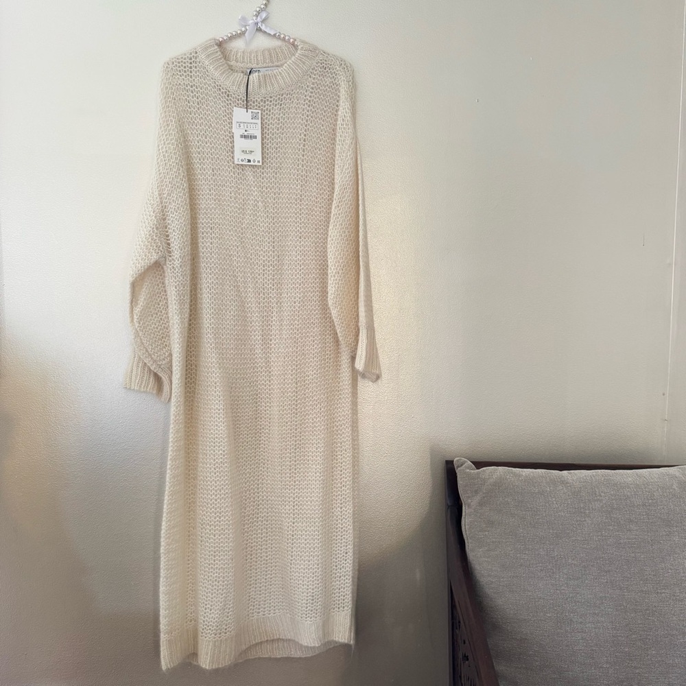 Zara Cream Long Sleeve Knit alpaca blend Dress - Picture 3 of 9